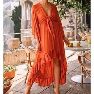 Sundress, “Juliana” Burnt Orange & Gold White Lotus Goddess Dress Size M/L NWT